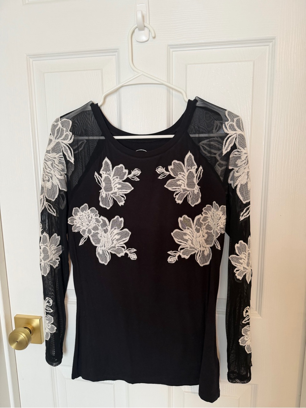 INC International Concepts Black Long-Sleeve Floral Mesh Top with White Appliqué